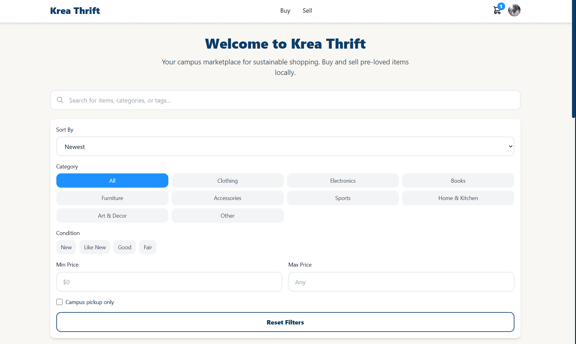 Krea Thrift listing discovery experience