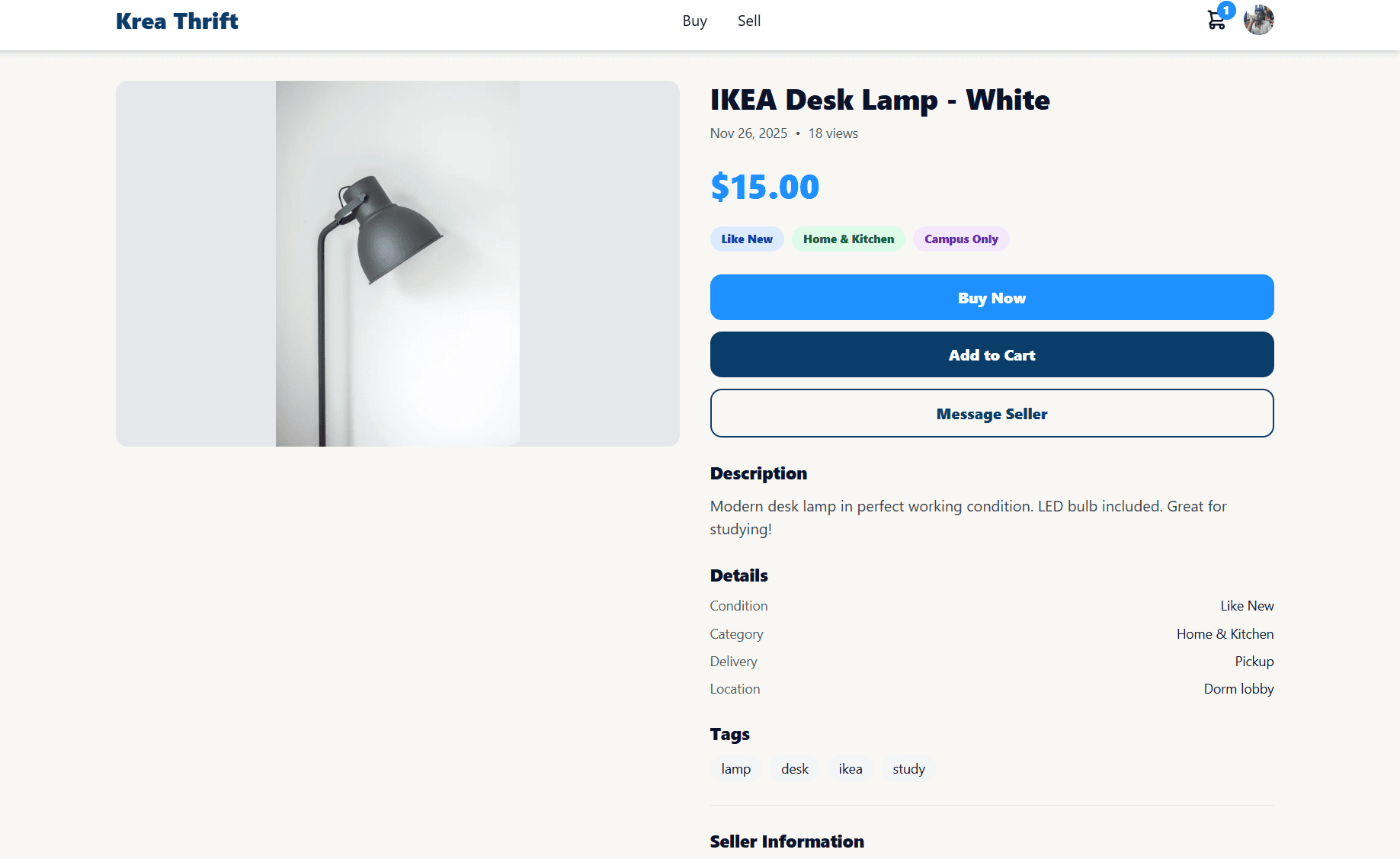 Krea Thrift detailed listing view