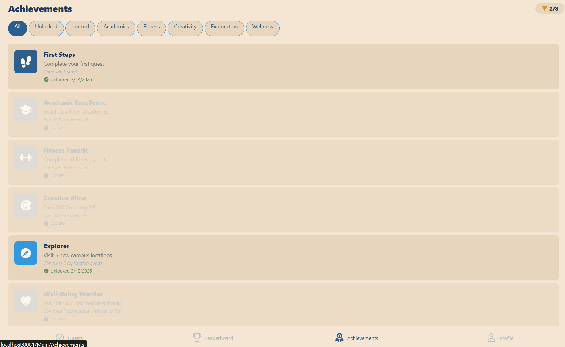 LifeQuest achievements screen